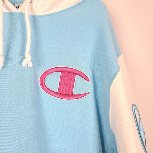 Champion Men Reverse Weave Color Block Hoodie MED Pink Blue White Bold Spell Out - Picture 7 of 12